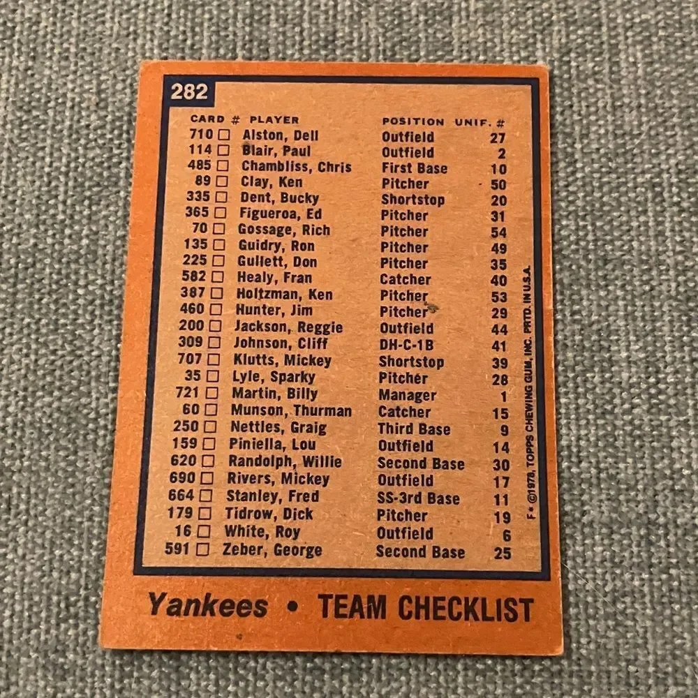 1978 Topps New York Yankees Baseball Card Trading Card